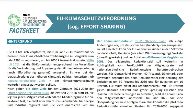 Aktualisiertes Factsheet zur Klimaschutzverordnung (Effort Sharing)