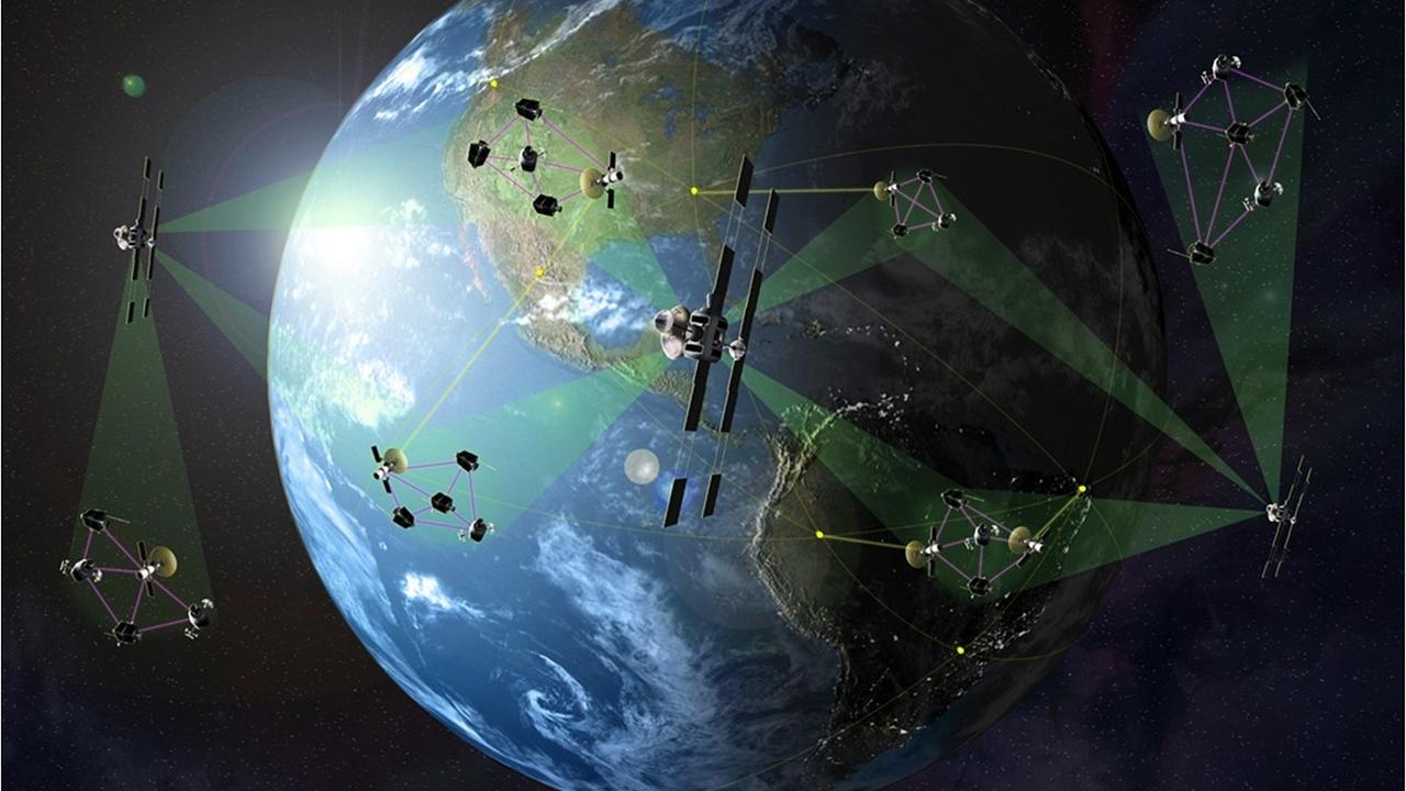 Grafische Darstellung der Erdkugel mit Satellitenüberwachung