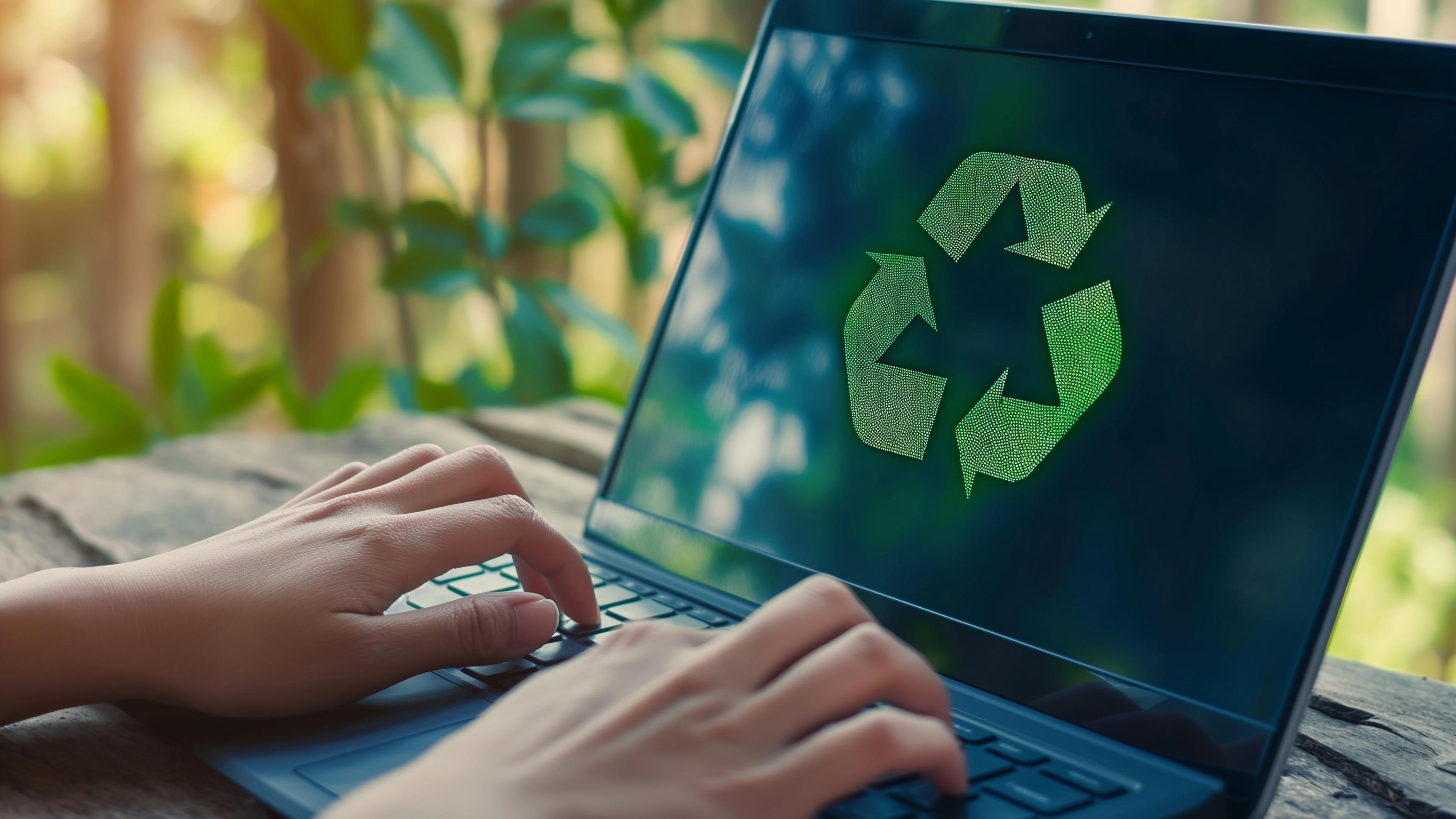 Aufgeklappter Laptop mit Recycling-Pfeile-Symbol in grün, zwei tippende Hände, im Hintergrund Pflanzen