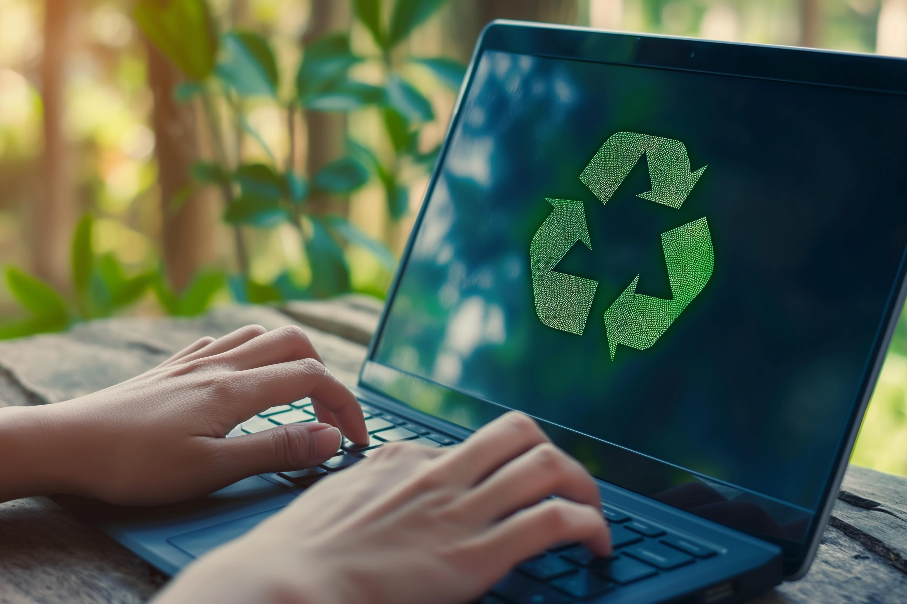 Aufgeklappter Laptop mit Recycling-Pfeile-Symbol in grün, zwei tippende Hände, im Hintergrund Pflanzen