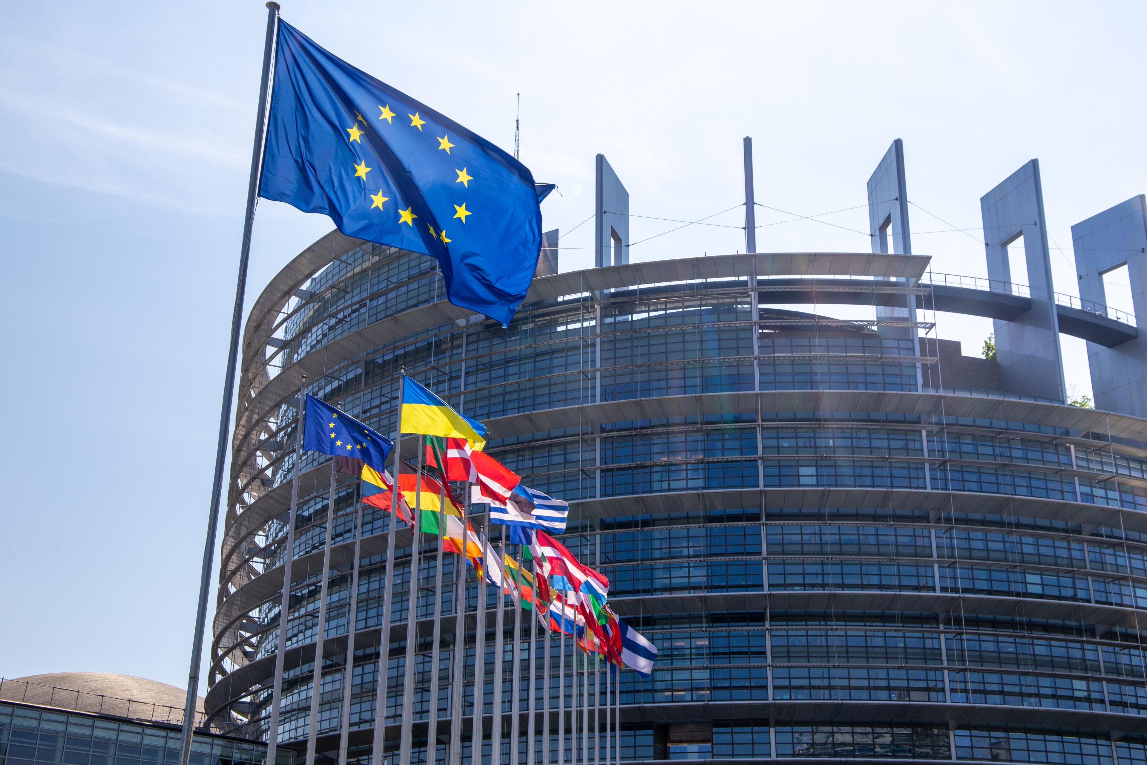 Das europäische Parlament bei Tageslicht und mit der europäischen Flagge im Vordergrund.